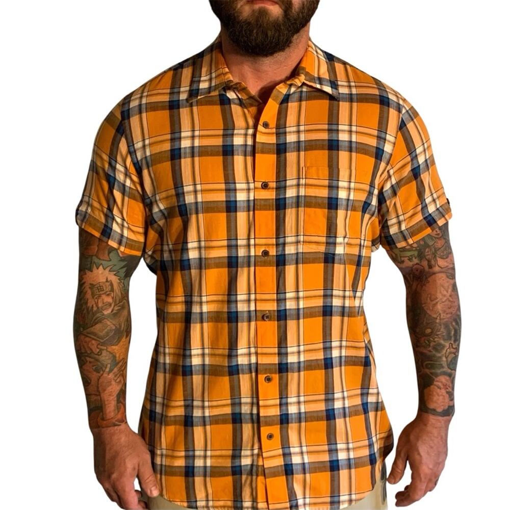 Banana Republic Men's Orange and Blue Plaid Shirt Slim Fit Size Large